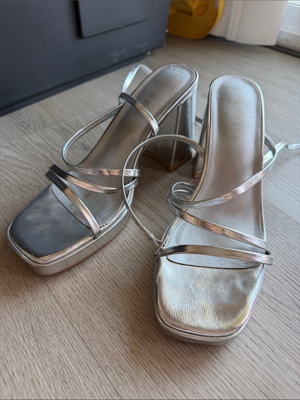 Metallic Silver Strappy Block Heel Sandals - Women's
